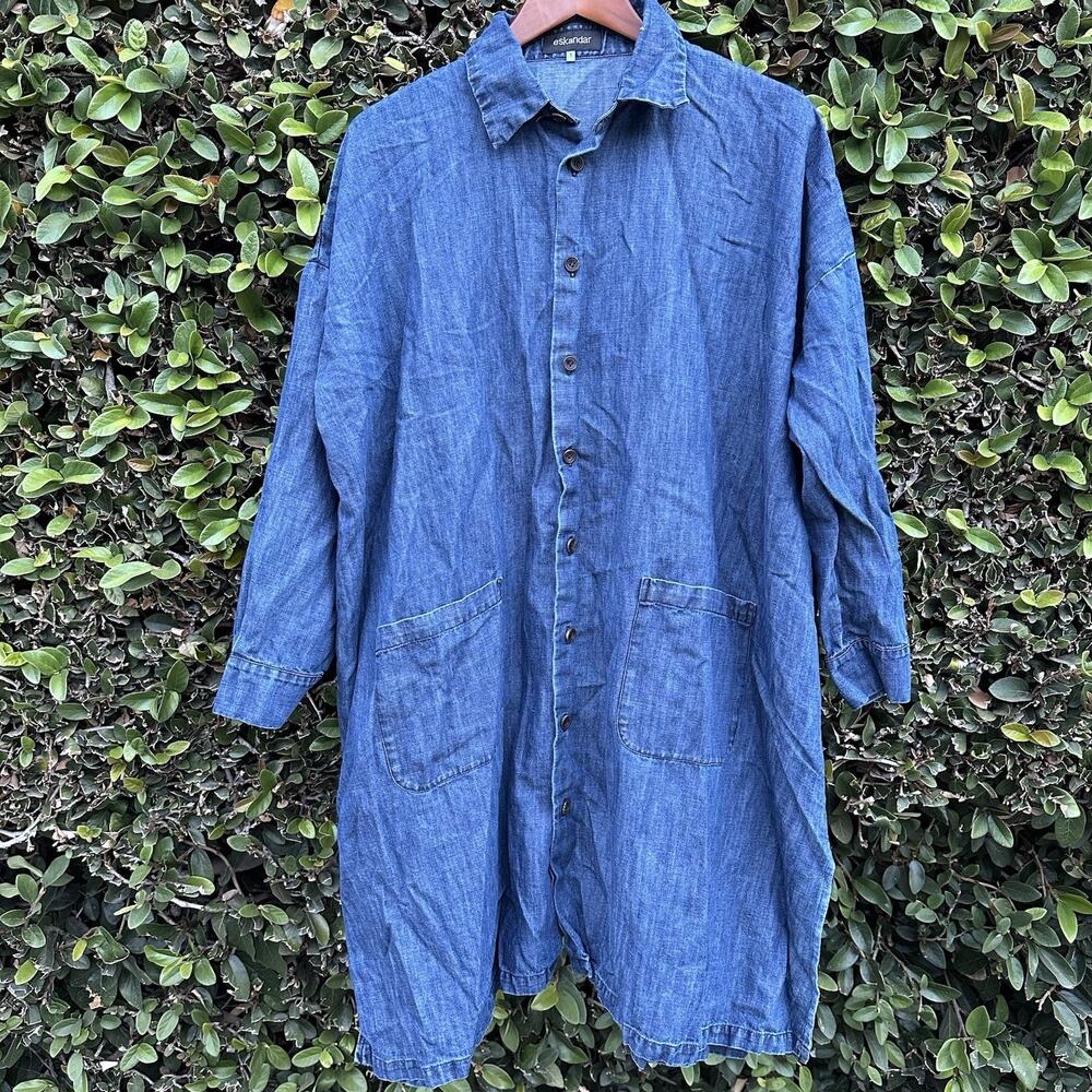 Eskandar Denim Shirt Dress Women 1 Blue Cotton Linen Pocket Contemporary Minimal